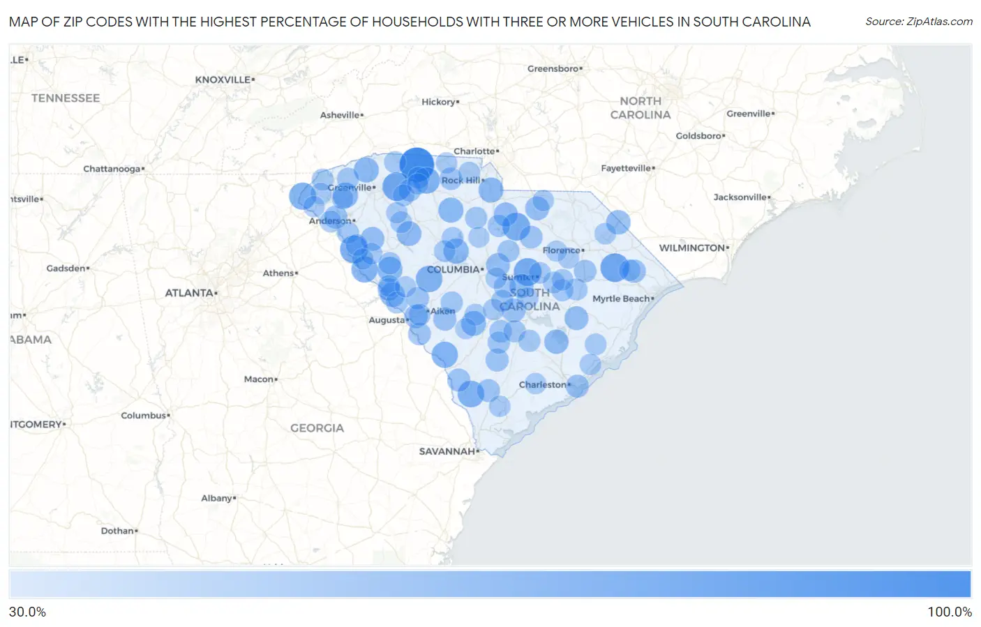 Zip Codes with the Highest Percentage of Households With Three or more Vehicles in South Carolina Map