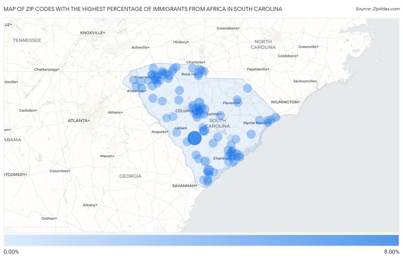 Zip Codes with the Highest Percentage of Immigrants from Africa in South Carolina Map