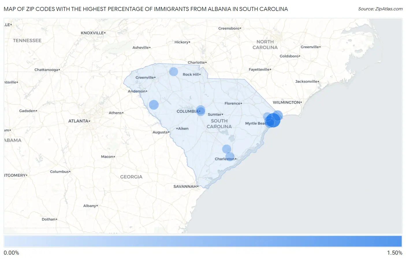Zip Codes with the Highest Percentage of Immigrants from Albania in South Carolina Map