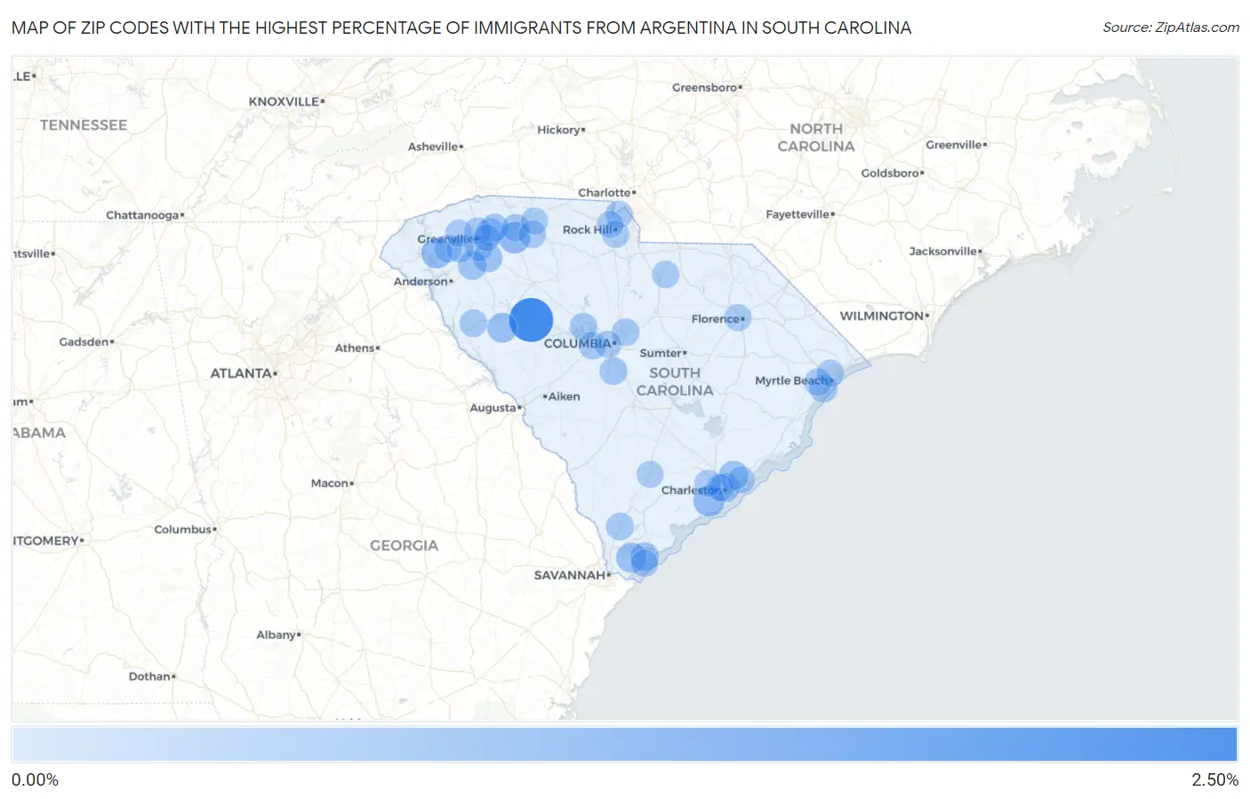 Zip Codes with the Highest Percentage of Immigrants from Argentina in South Carolina Map