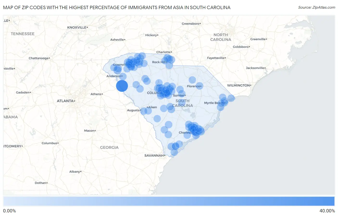 Zip Codes with the Highest Percentage of Immigrants from Asia in South Carolina Map