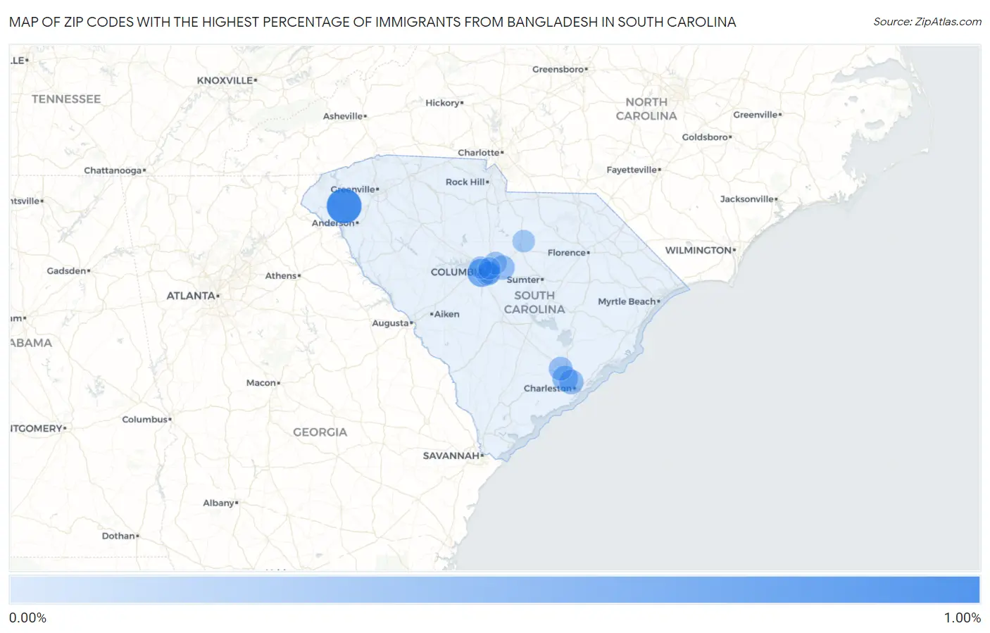 Zip Codes with the Highest Percentage of Immigrants from Bangladesh in South Carolina Map