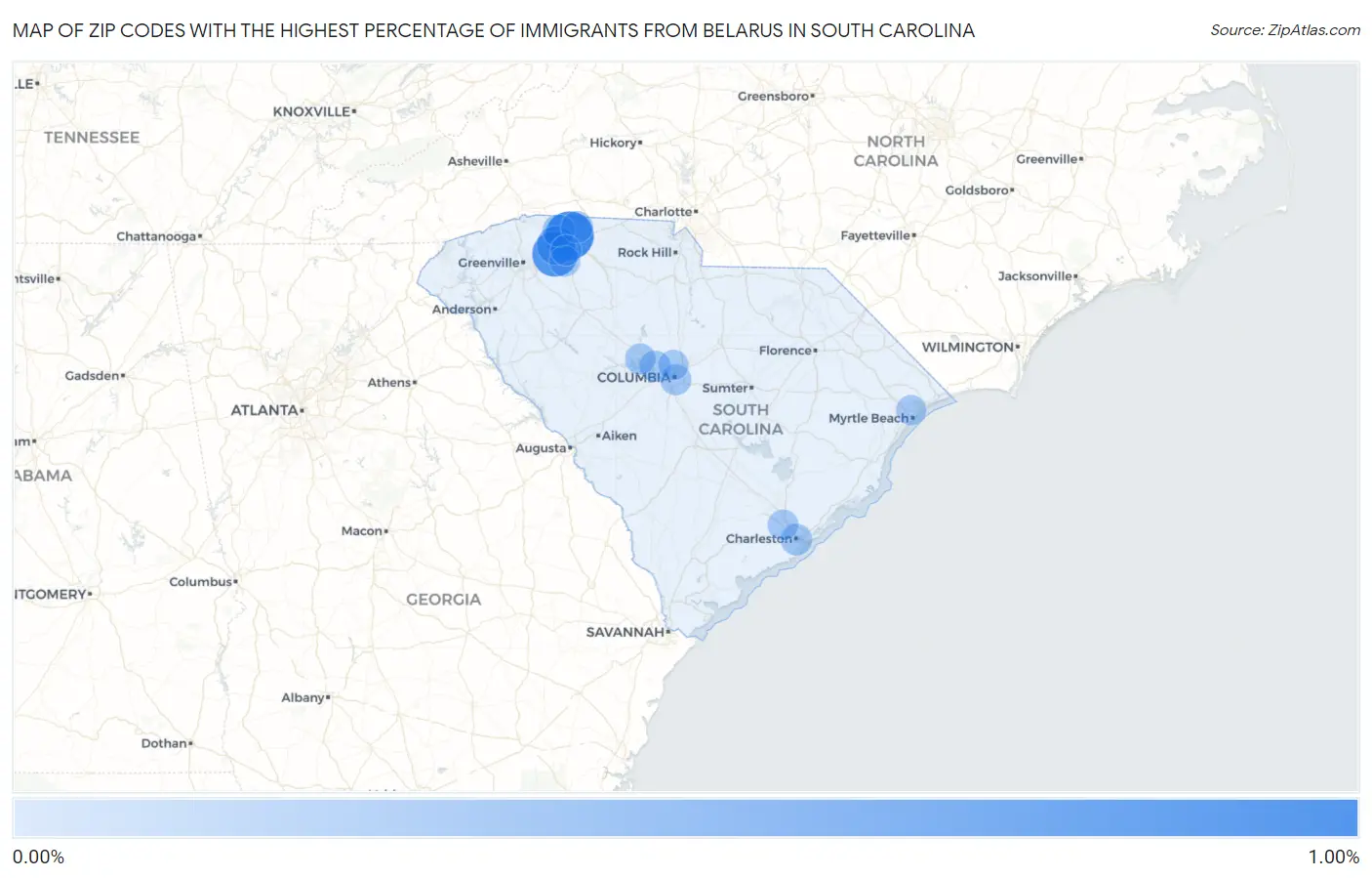 Zip Codes with the Highest Percentage of Immigrants from Belarus in South Carolina Map