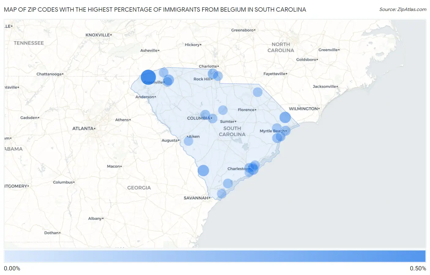Zip Codes with the Highest Percentage of Immigrants from Belgium in South Carolina Map