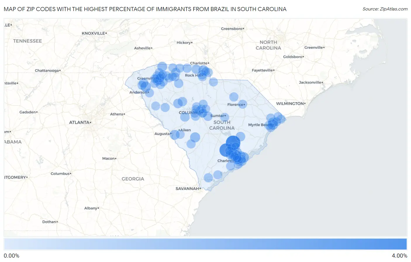 Zip Codes with the Highest Percentage of Immigrants from Brazil in South Carolina Map