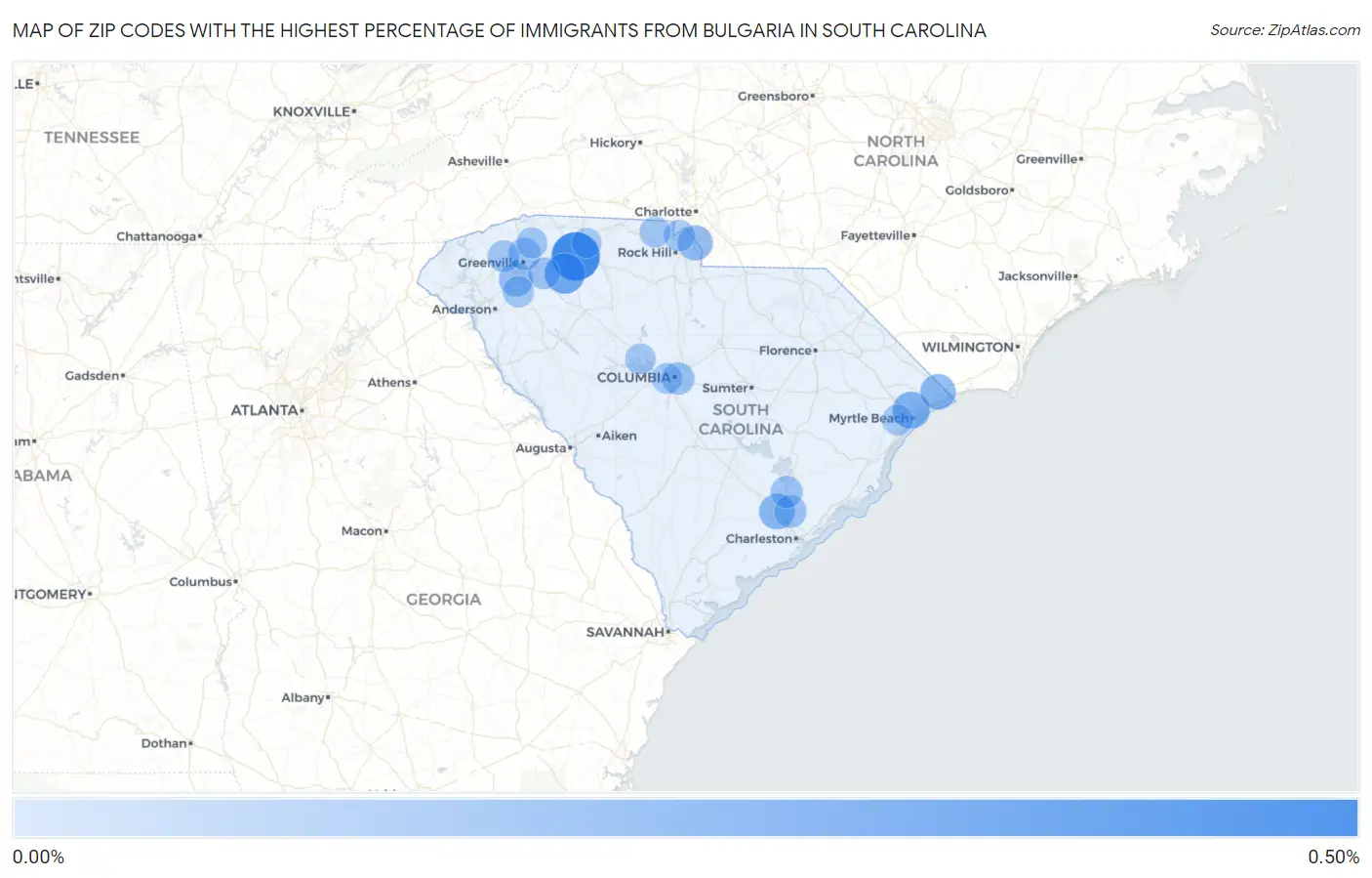 Zip Codes with the Highest Percentage of Immigrants from Bulgaria in South Carolina Map