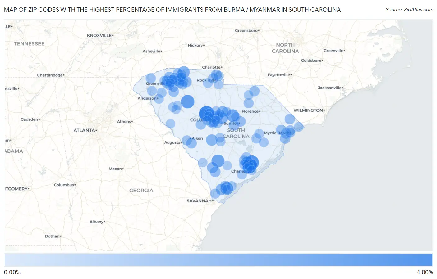 Zip Codes with the Highest Percentage of Immigrants from Burma / Myanmar in South Carolina Map