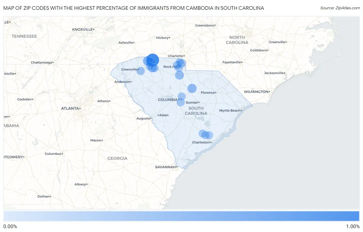Zip Codes with the Highest Percentage of Immigrants from Cambodia in South Carolina Map