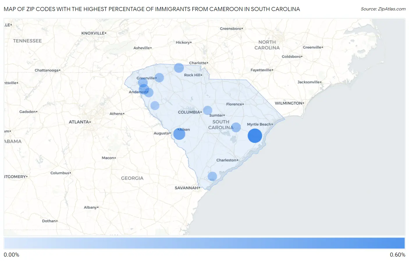 Zip Codes with the Highest Percentage of Immigrants from Cameroon in South Carolina Map