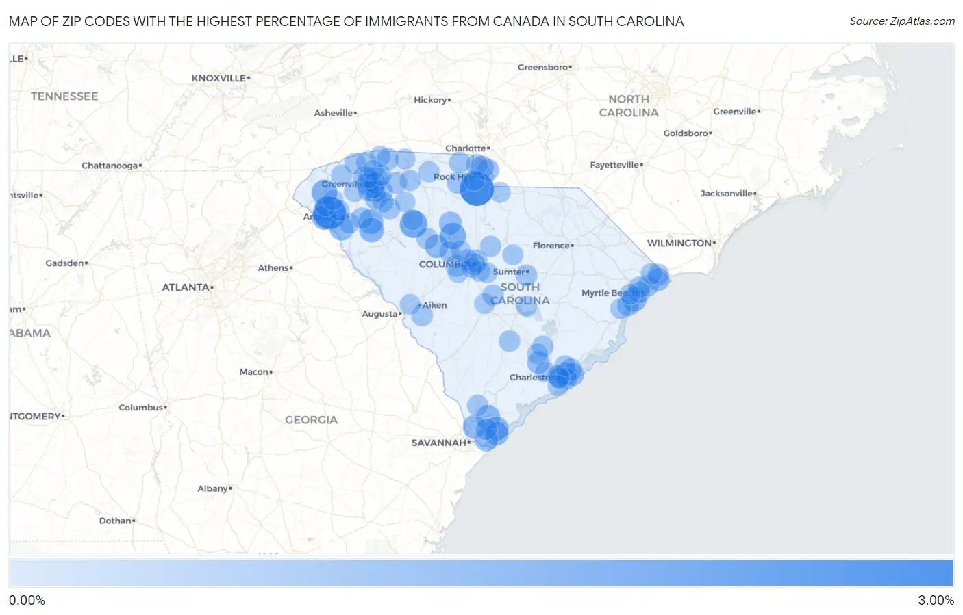 Zip Codes with the Highest Percentage of Immigrants from Canada in South Carolina Map