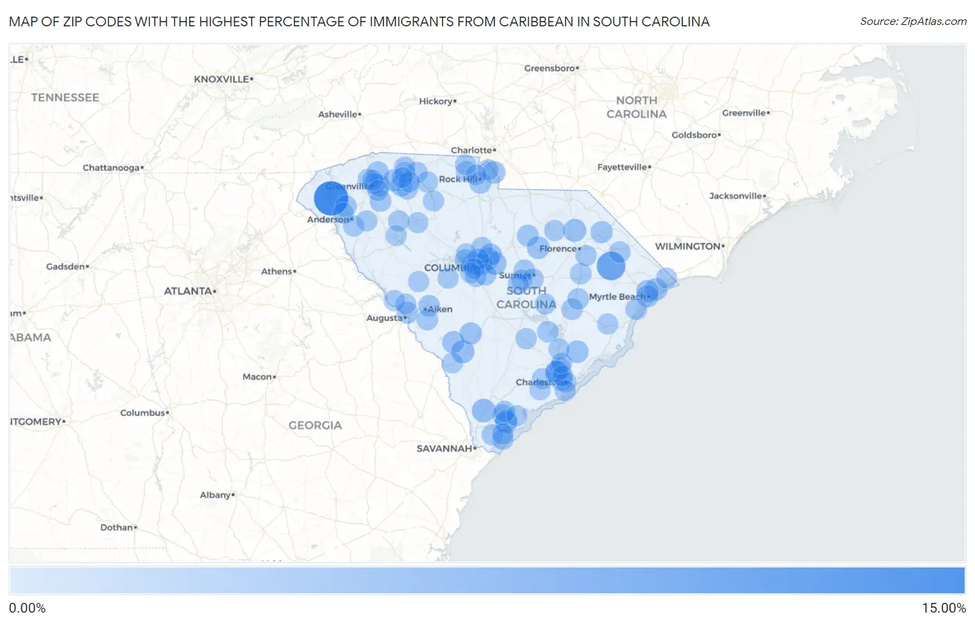 Zip Codes with the Highest Percentage of Immigrants from Caribbean in South Carolina Map