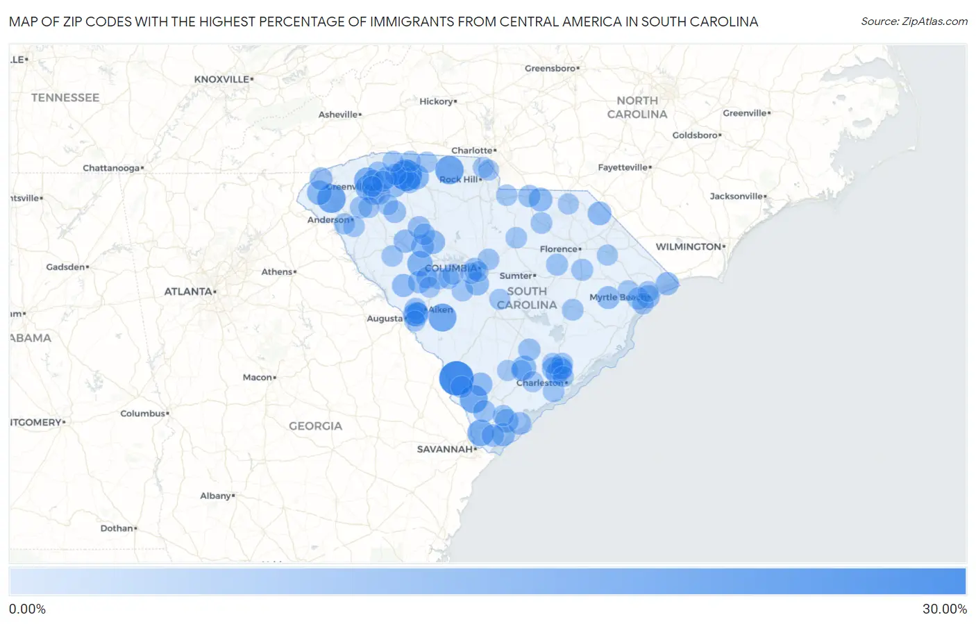 Zip Codes with the Highest Percentage of Immigrants from Central America in South Carolina Map