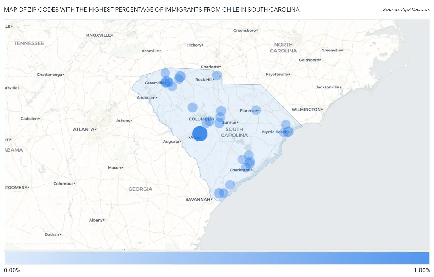 Zip Codes with the Highest Percentage of Immigrants from Chile in South Carolina Map