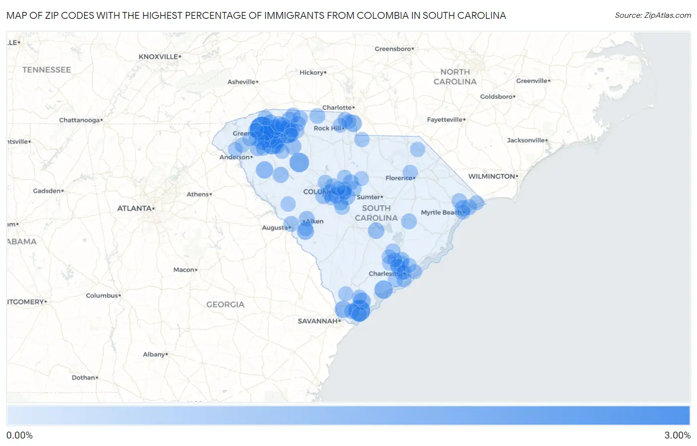 Zip Codes with the Highest Percentage of Immigrants from Colombia in South Carolina Map