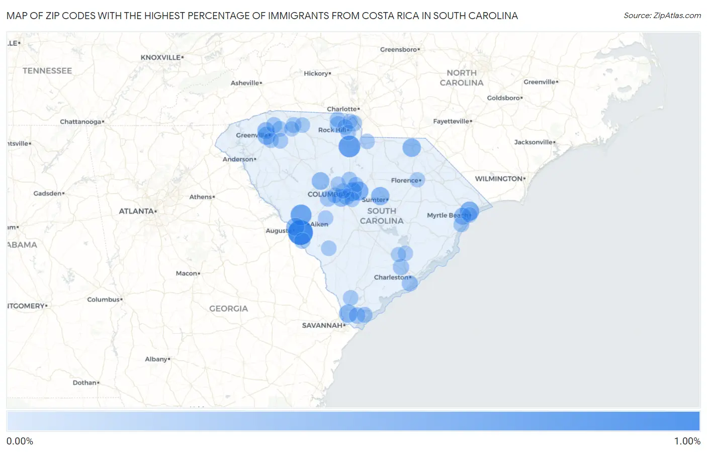 Zip Codes with the Highest Percentage of Immigrants from Costa Rica in South Carolina Map