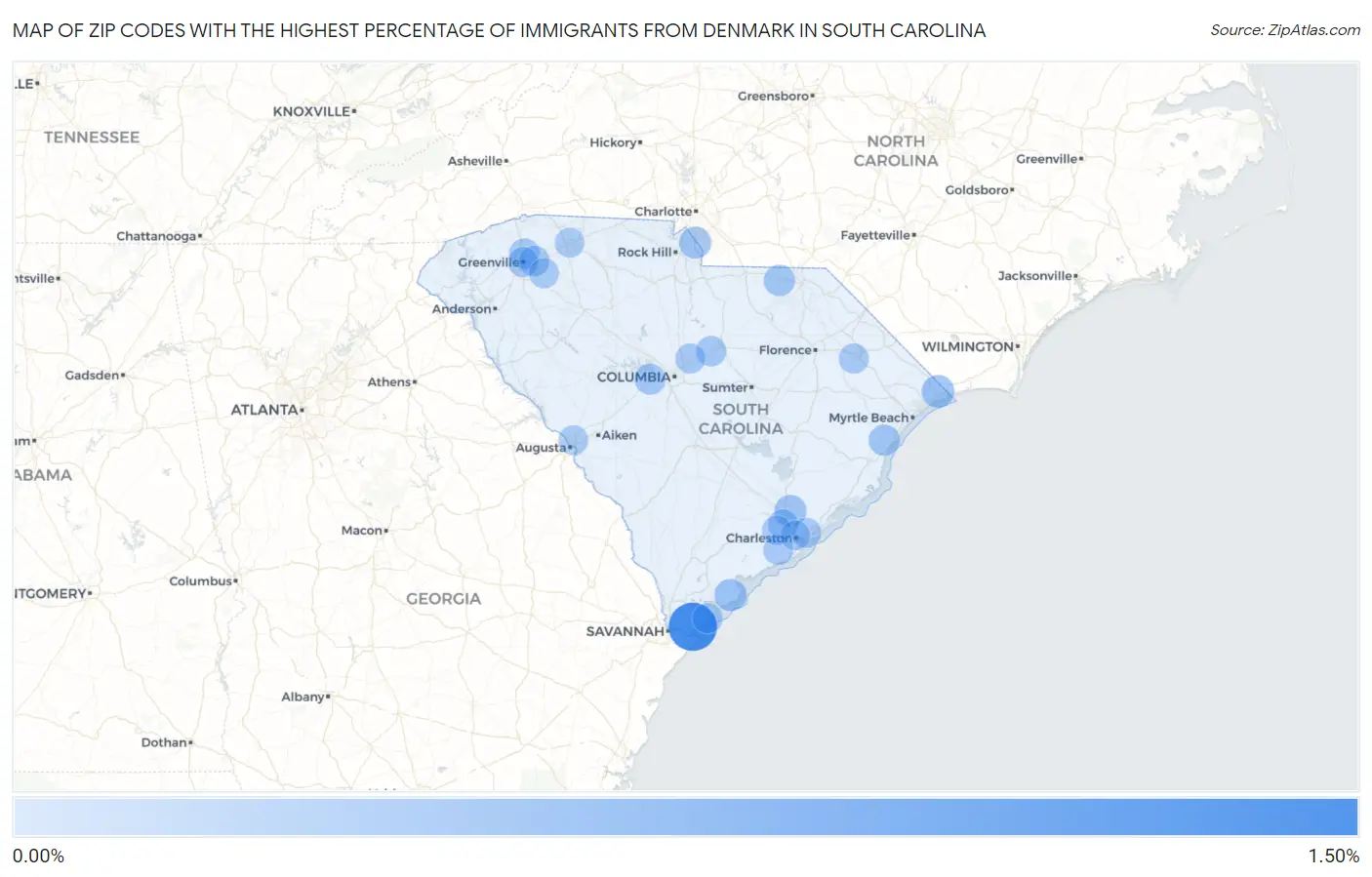 Zip Codes with the Highest Percentage of Immigrants from Denmark in South Carolina Map