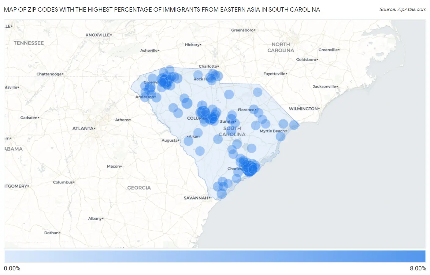 Zip Codes with the Highest Percentage of Immigrants from Eastern Asia in South Carolina Map