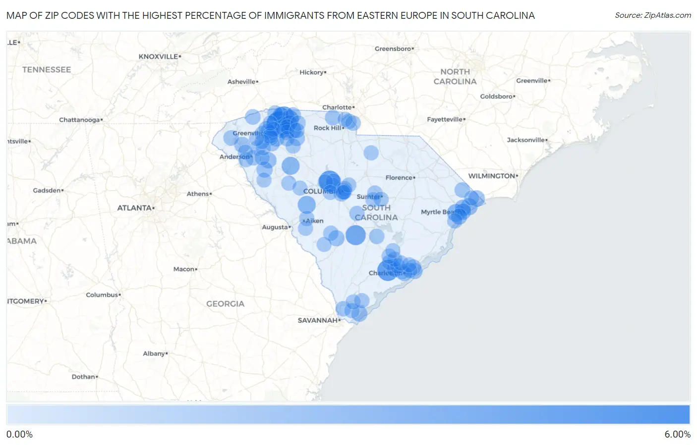 Zip Codes with the Highest Percentage of Immigrants from Eastern Europe in South Carolina Map