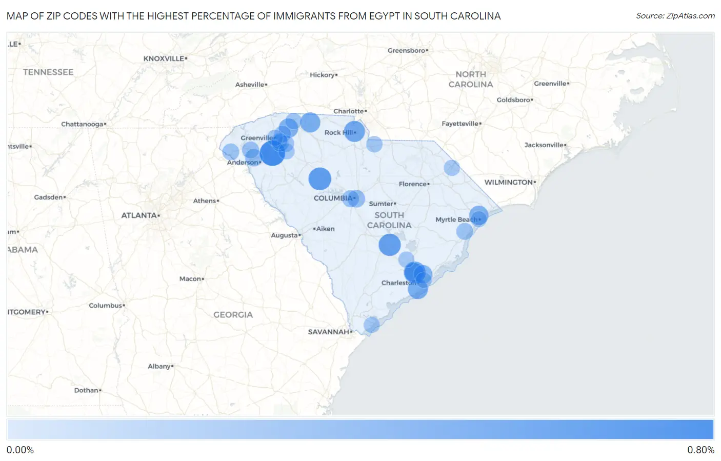 Zip Codes with the Highest Percentage of Immigrants from Egypt in South Carolina Map
