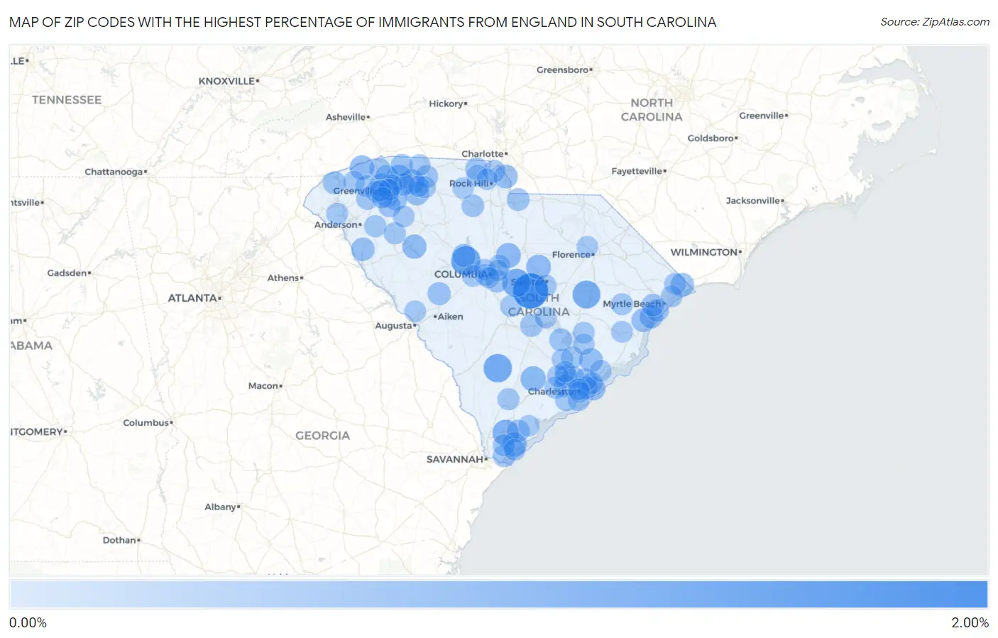 Zip Codes with the Highest Percentage of Immigrants from England in South Carolina Map