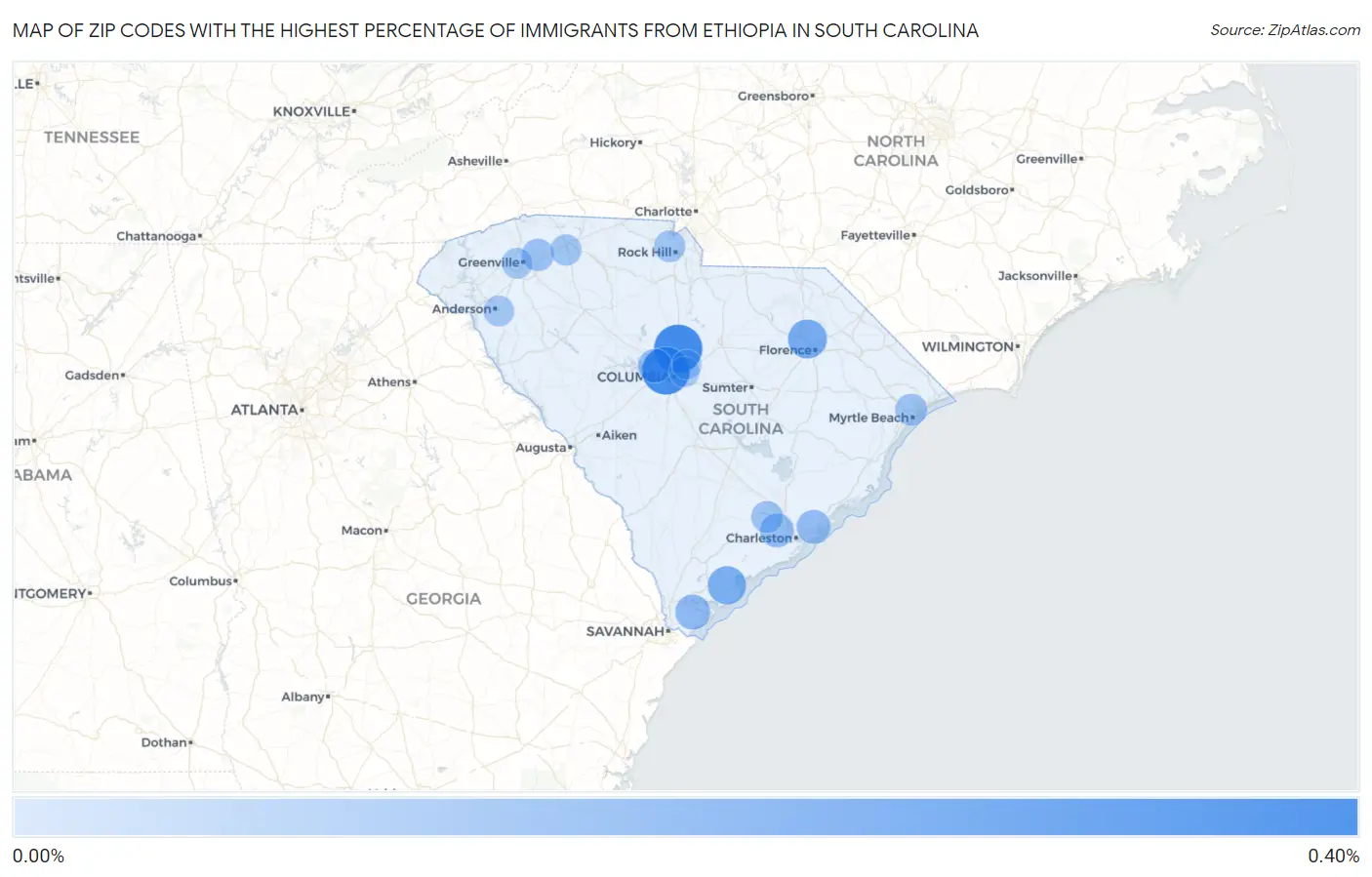Zip Codes with the Highest Percentage of Immigrants from Ethiopia in South Carolina Map