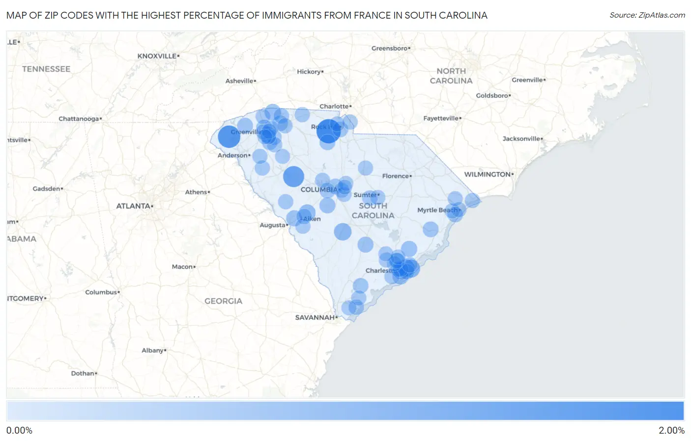 Zip Codes with the Highest Percentage of Immigrants from France in South Carolina Map