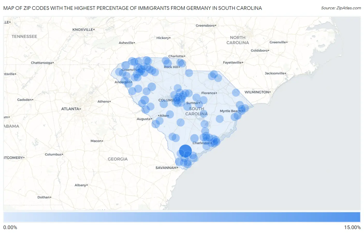 Zip Codes with the Highest Percentage of Immigrants from Germany in South Carolina Map