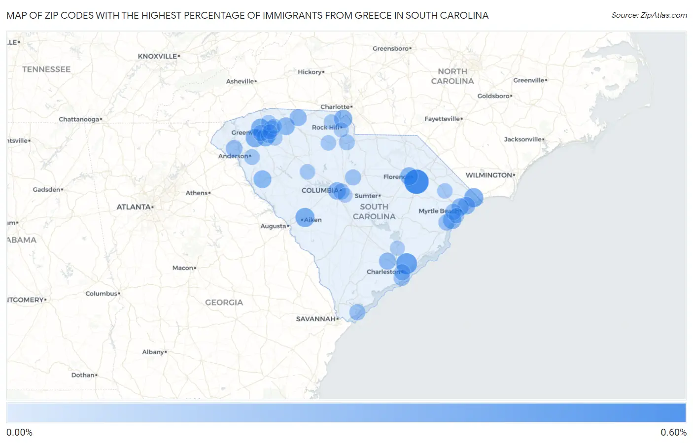 Zip Codes with the Highest Percentage of Immigrants from Greece in South Carolina Map