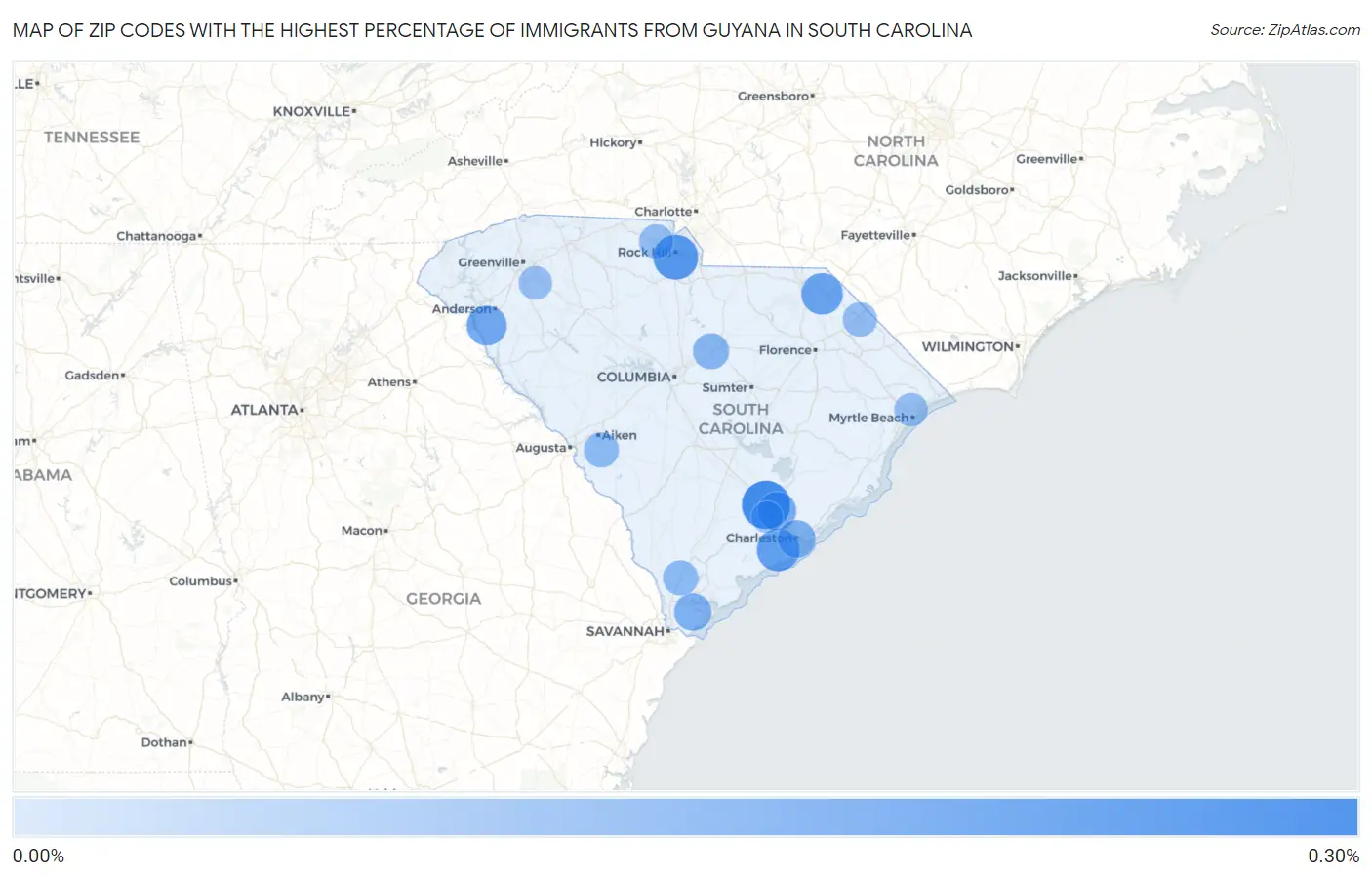 Zip Codes with the Highest Percentage of Immigrants from Guyana in South Carolina Map