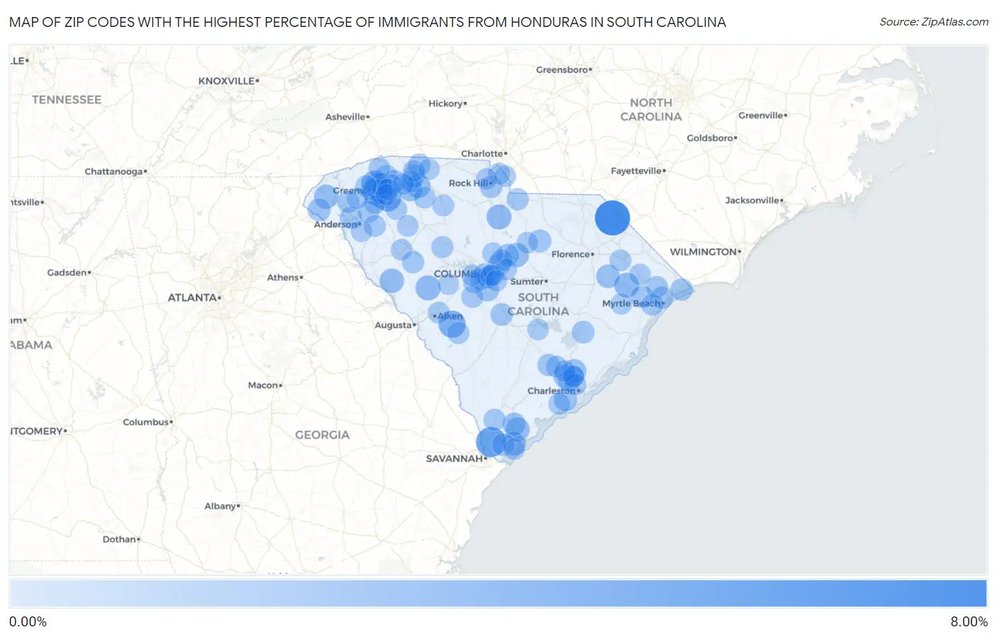 Zip Codes with the Highest Percentage of Immigrants from Honduras in South Carolina Map