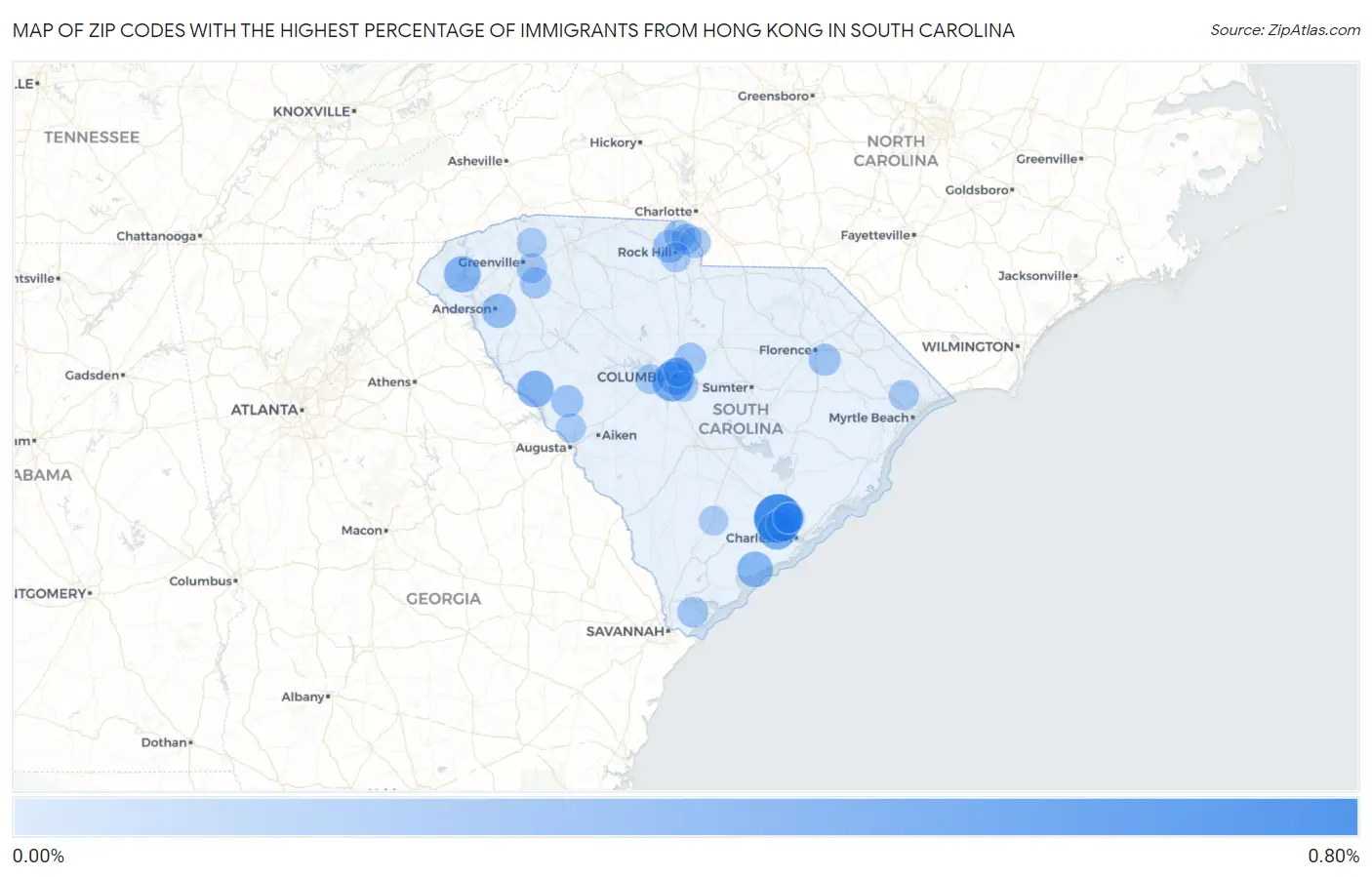 Zip Codes with the Highest Percentage of Immigrants from Hong Kong in South Carolina Map