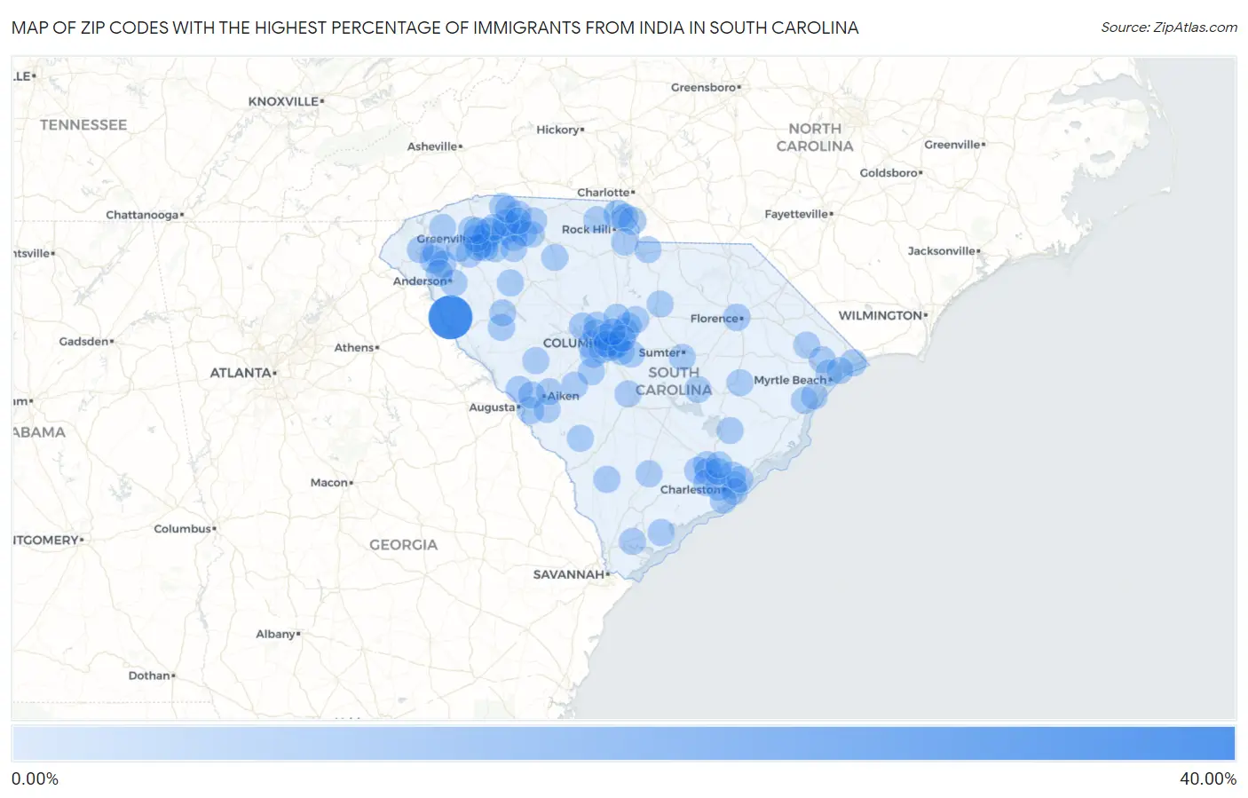 Zip Codes with the Highest Percentage of Immigrants from India in South Carolina Map