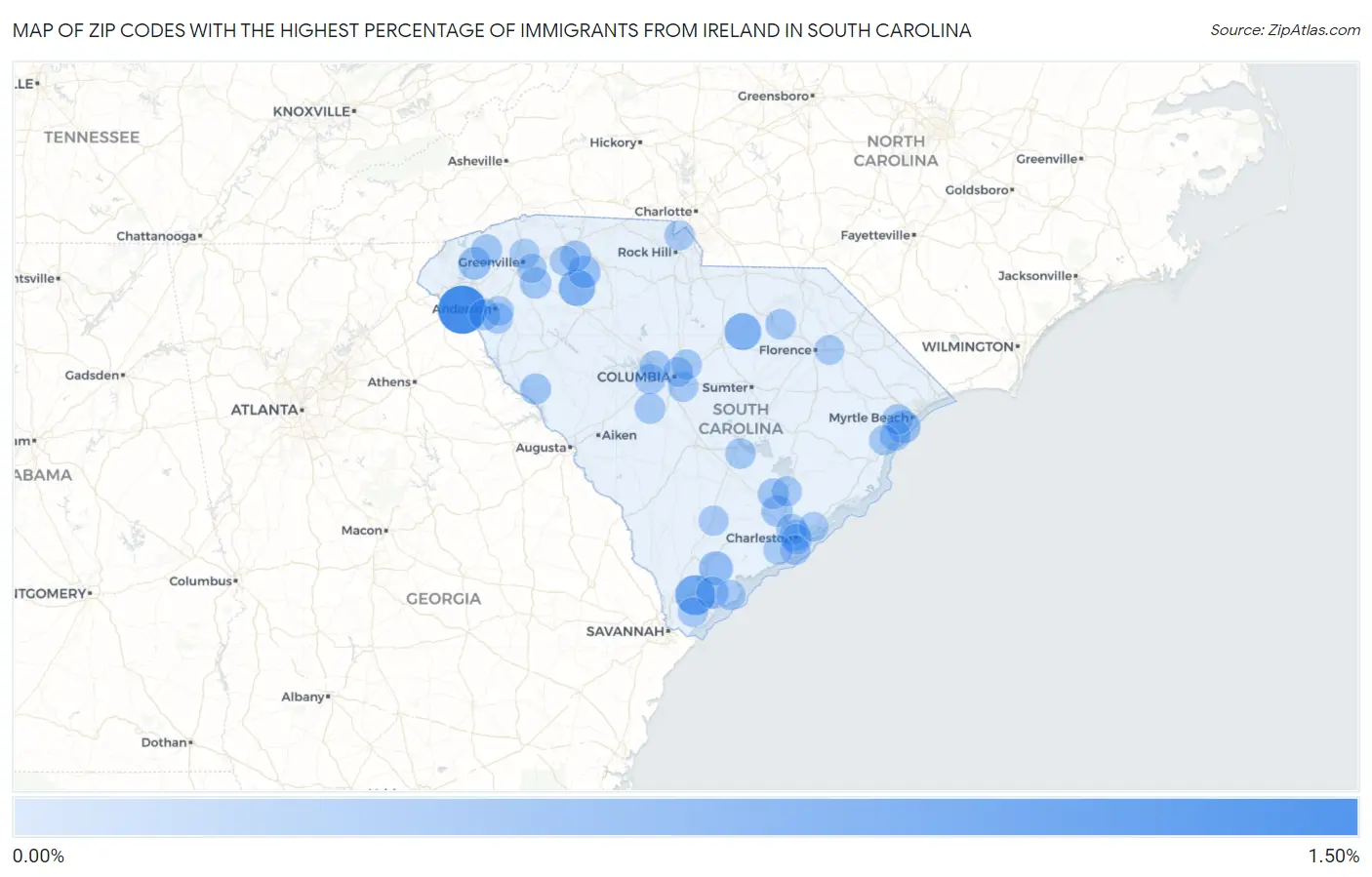 Zip Codes with the Highest Percentage of Immigrants from Ireland in South Carolina Map