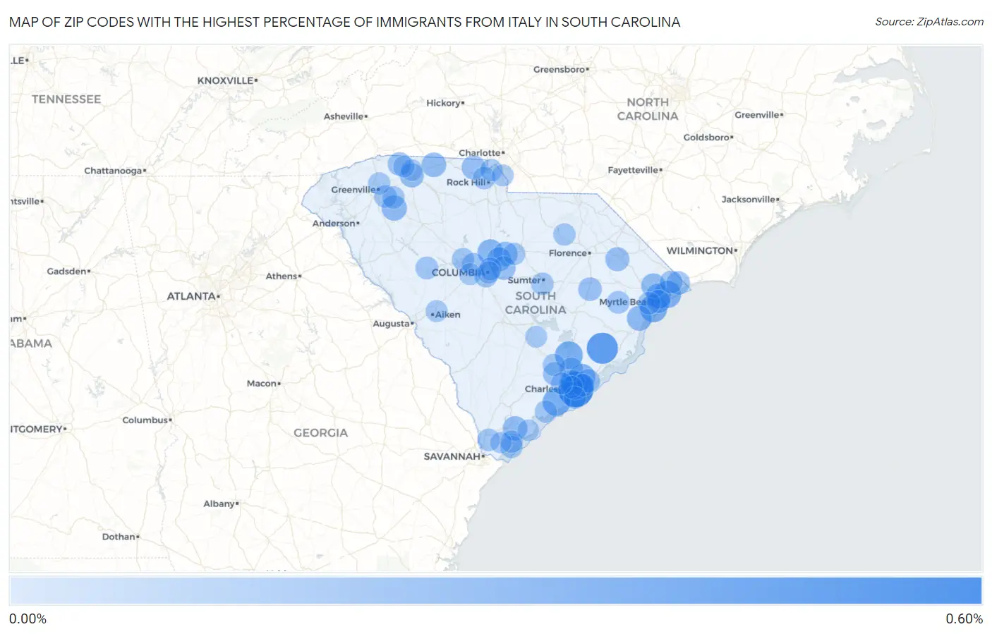Zip Codes with the Highest Percentage of Immigrants from Italy in South Carolina Map