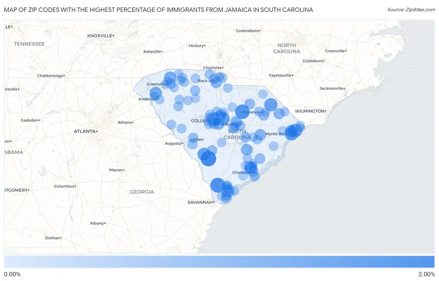 Zip Codes with the Highest Percentage of Immigrants from Jamaica in South Carolina Map