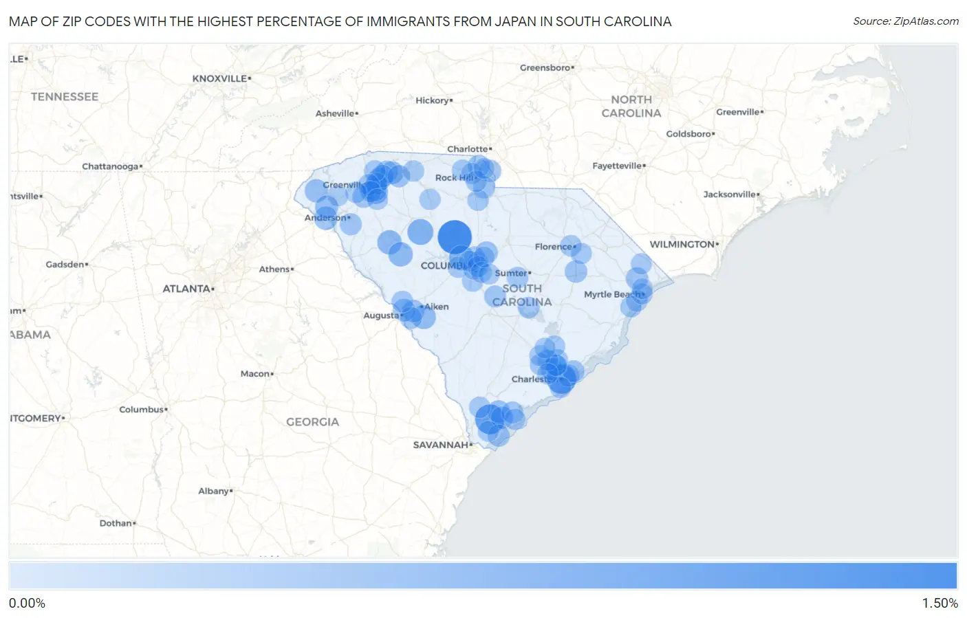 Zip Codes with the Highest Percentage of Immigrants from Japan in South Carolina Map
