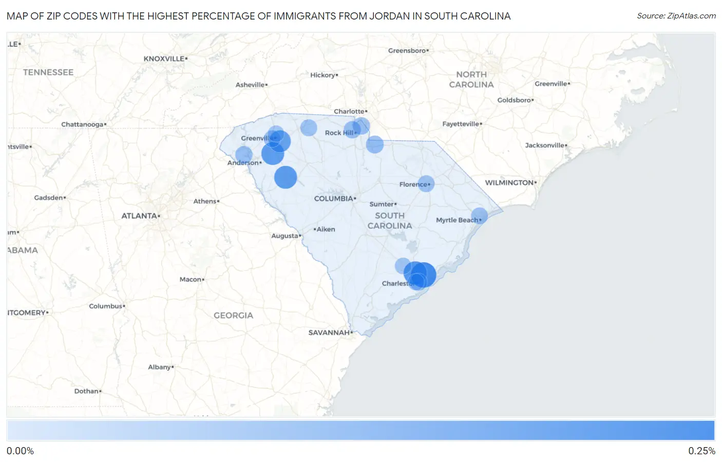 Zip Codes with the Highest Percentage of Immigrants from Jordan in South Carolina Map
