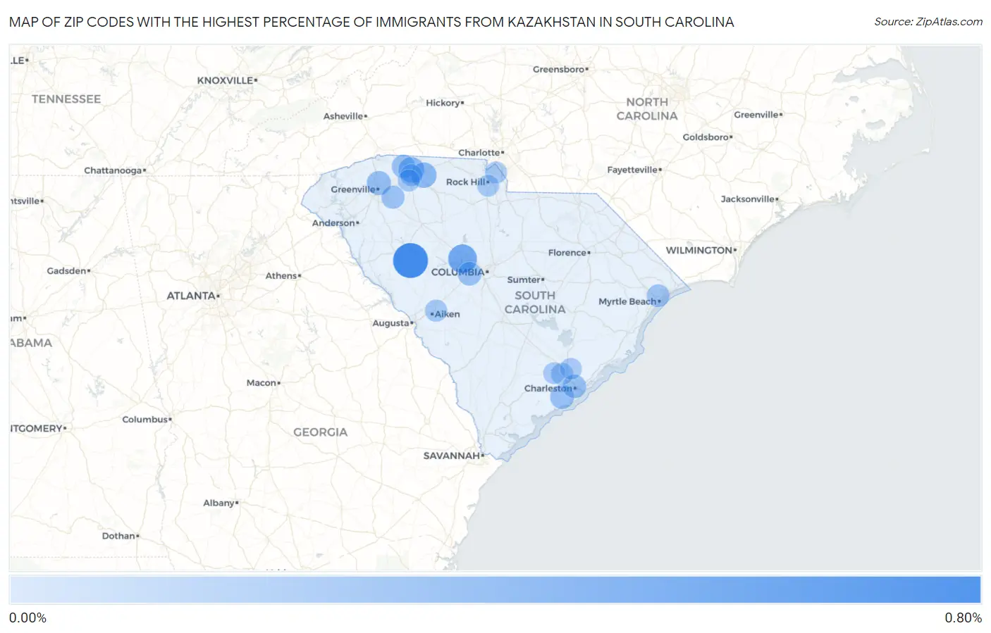 Zip Codes with the Highest Percentage of Immigrants from Kazakhstan in South Carolina Map