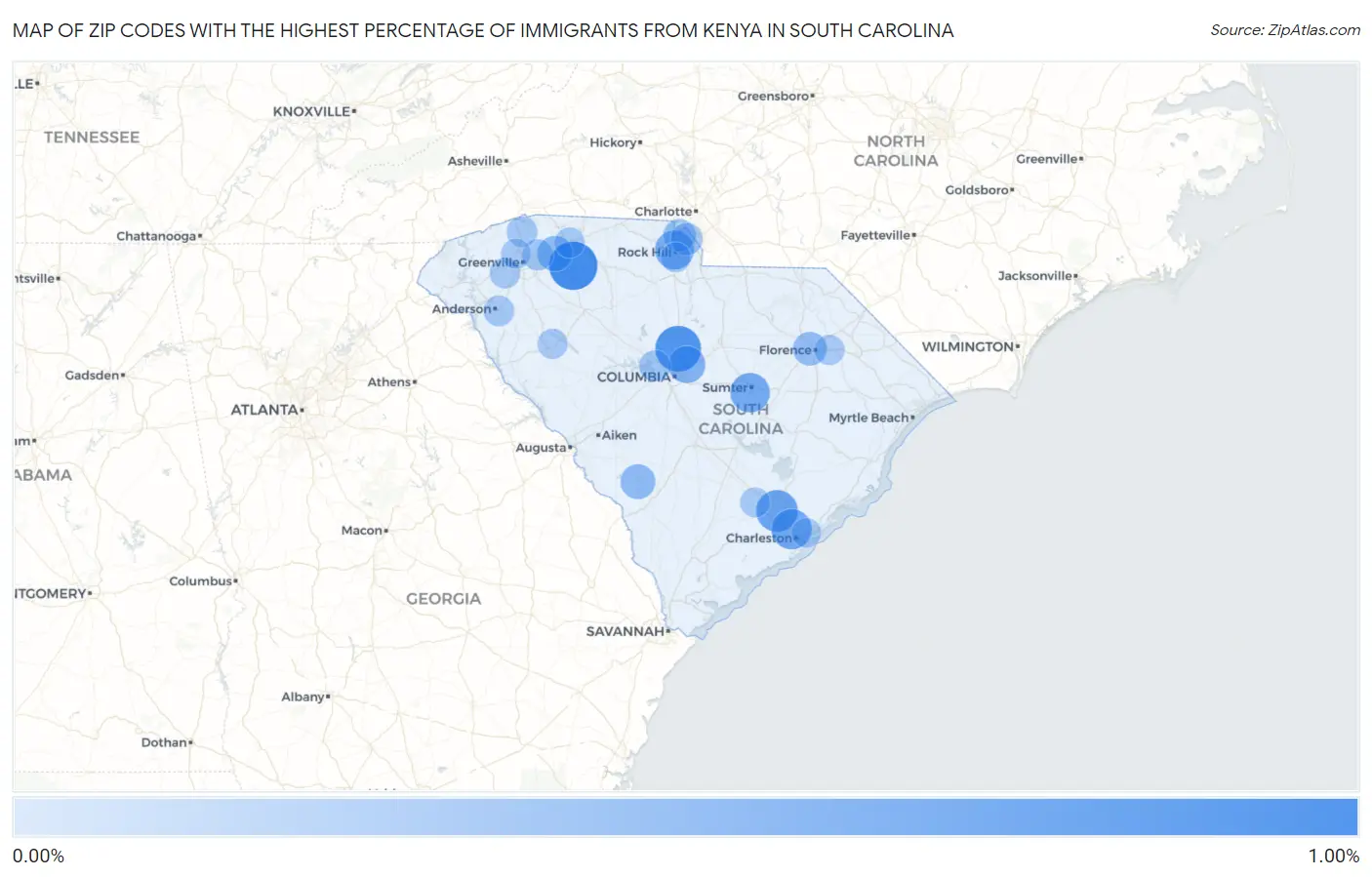 Zip Codes with the Highest Percentage of Immigrants from Kenya in South Carolina Map