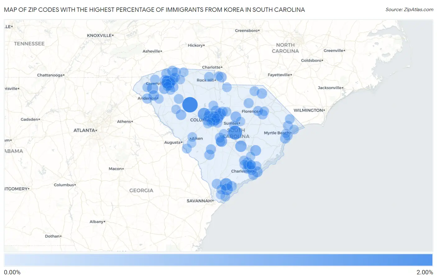 Zip Codes with the Highest Percentage of Immigrants from Korea in South Carolina Map