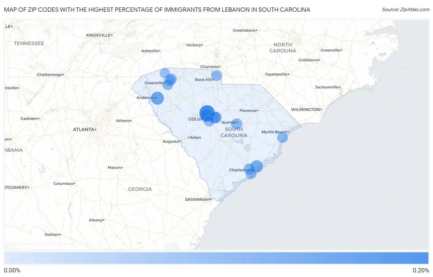 Zip Codes with the Highest Percentage of Immigrants from Lebanon in South Carolina Map
