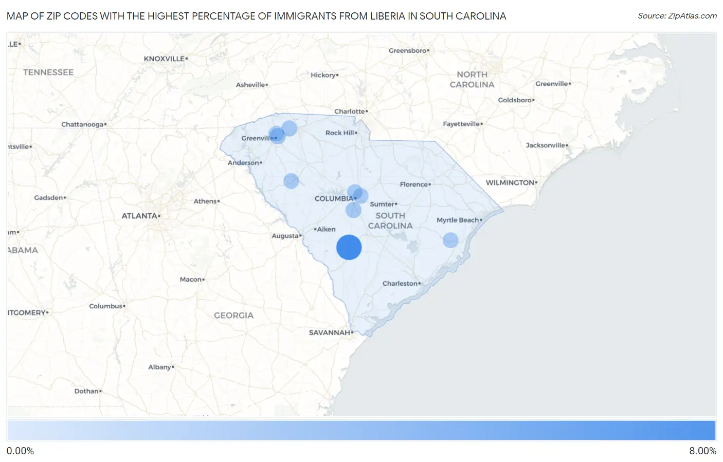 Zip Codes with the Highest Percentage of Immigrants from Liberia in South Carolina Map