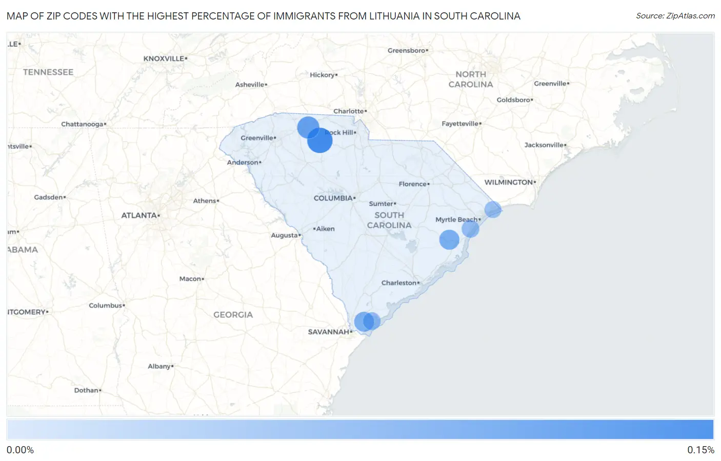 Zip Codes with the Highest Percentage of Immigrants from Lithuania in South Carolina Map