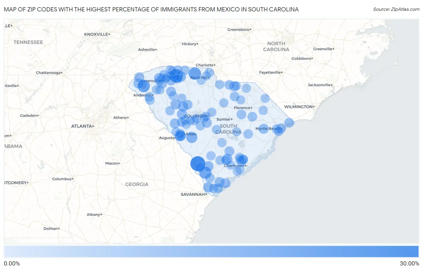Zip Codes with the Highest Percentage of Immigrants from Mexico in South Carolina Map