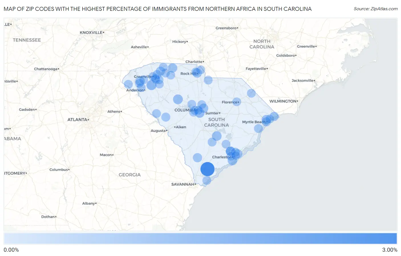Zip Codes with the Highest Percentage of Immigrants from Northern Africa in South Carolina Map