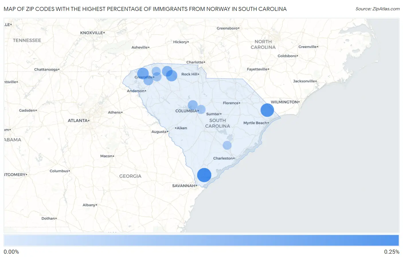 Zip Codes with the Highest Percentage of Immigrants from Norway in South Carolina Map