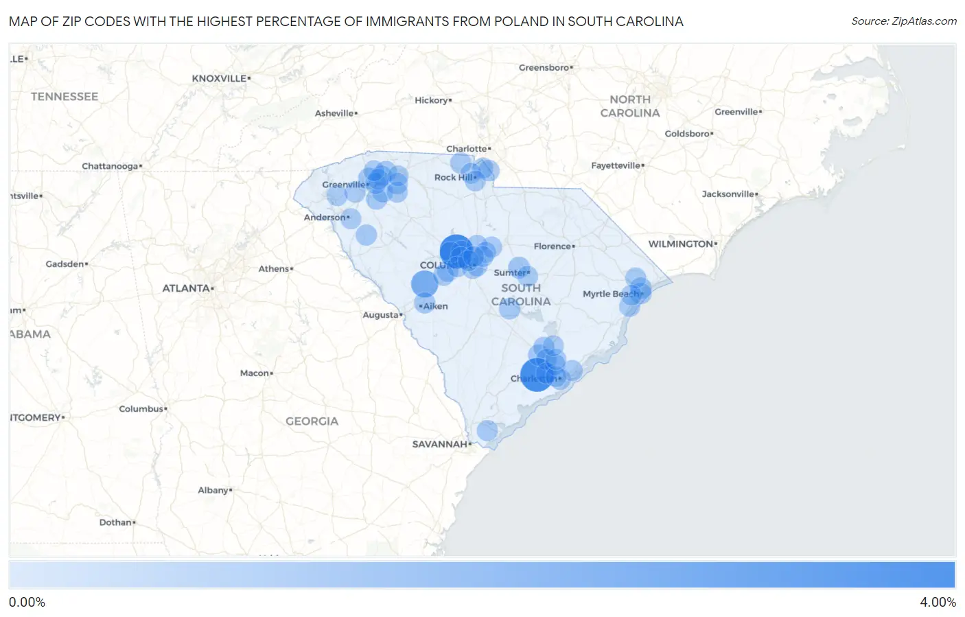 Zip Codes with the Highest Percentage of Immigrants from Poland in South Carolina Map