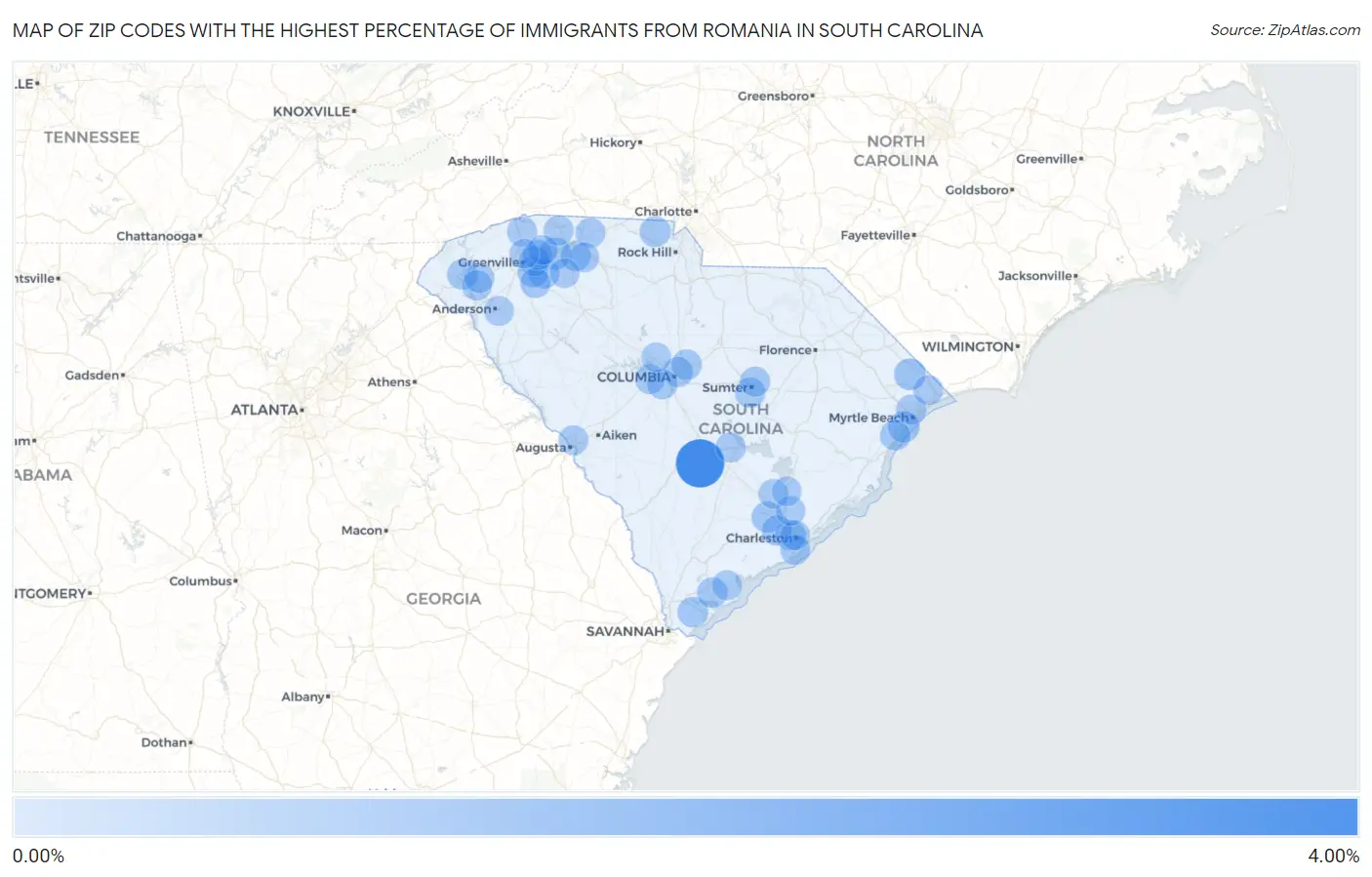 Zip Codes with the Highest Percentage of Immigrants from Romania in South Carolina Map