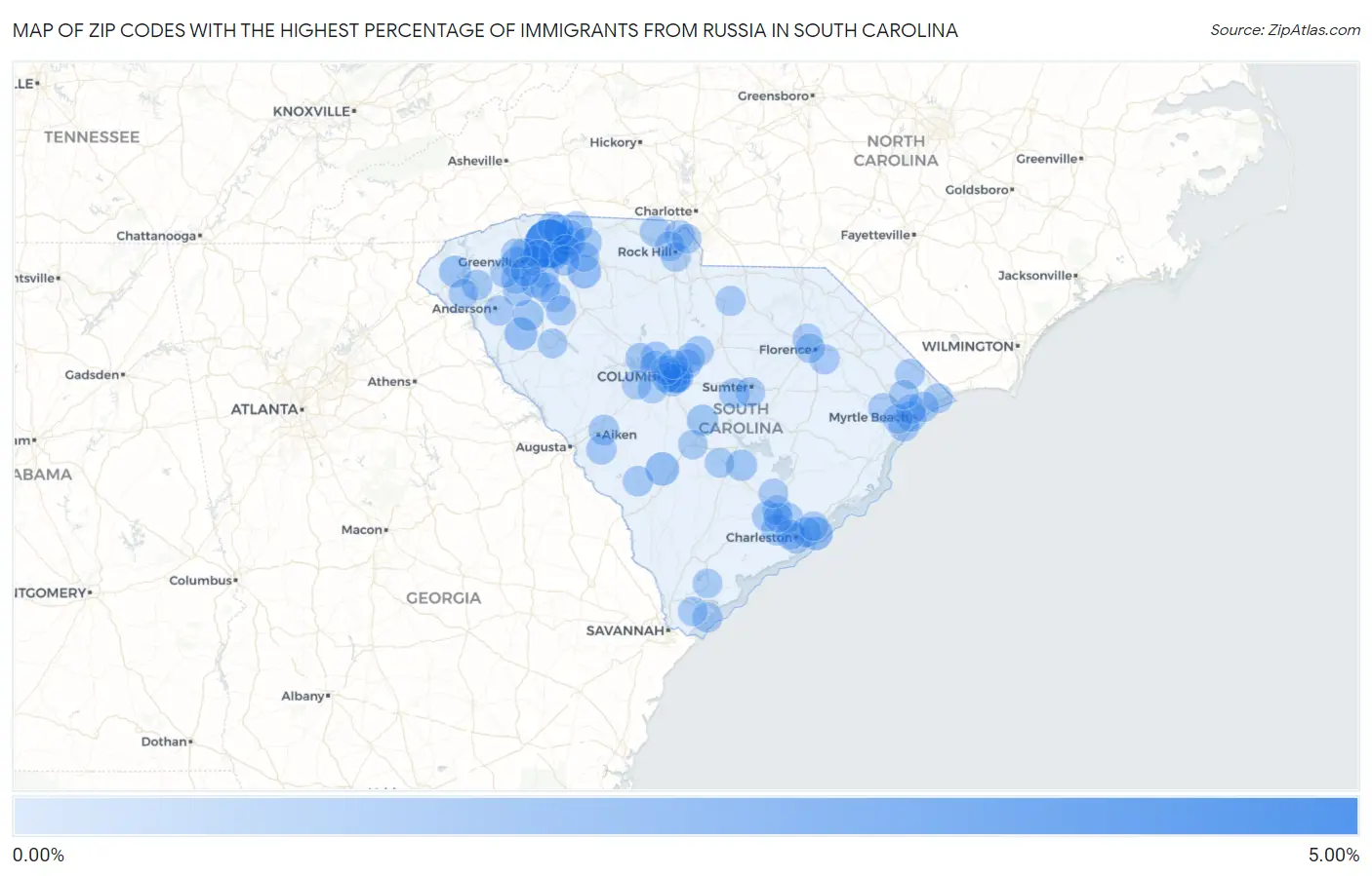 Zip Codes with the Highest Percentage of Immigrants from Russia in South Carolina Map