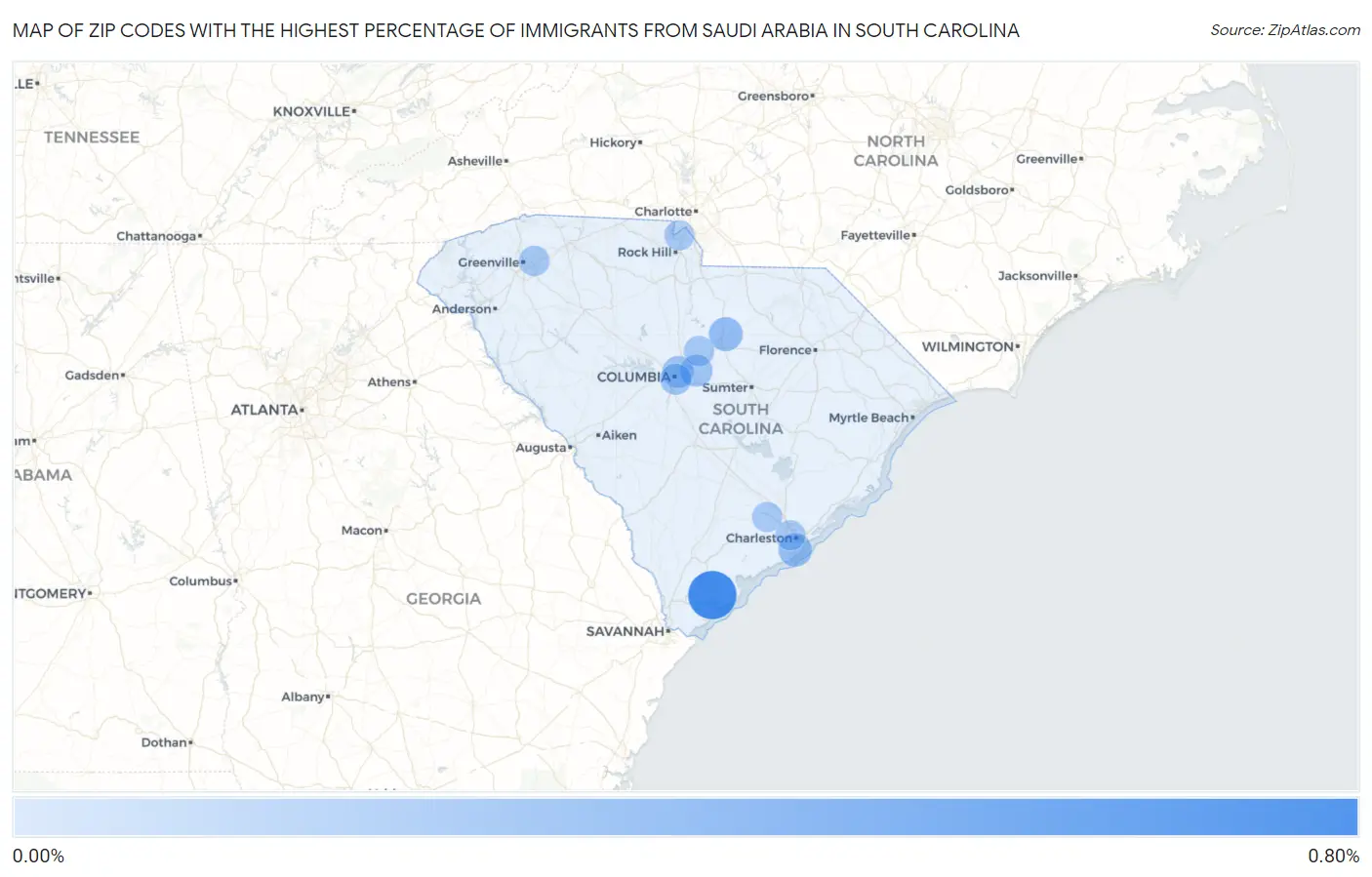 Zip Codes with the Highest Percentage of Immigrants from Saudi Arabia in South Carolina Map